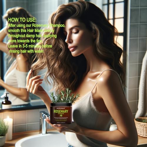 MYSTÉRE BEAUTÉ Rosemary Hair Mask for Dry Damaged Hair and Growth - with Collagen, Biotin, Argan Oil - Strengthening, Deep Conditioning Hair Mask for Curly Hair, Split Ends & Hair Loss - 8.45 fl oz