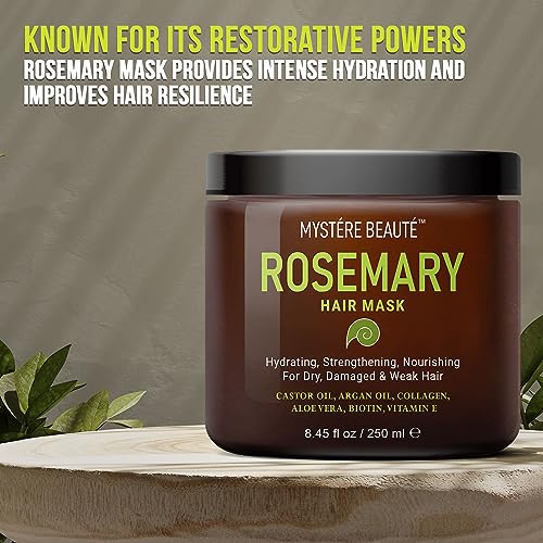 MYSTÉRE BEAUTÉ Rosemary Hair Mask for Dry Damaged Hair and Growth - with Collagen, Biotin, Argan Oil - Strengthening, Deep Conditioning Hair Mask for Curly Hair, Split Ends & Hair Loss - 8.45 fl oz
