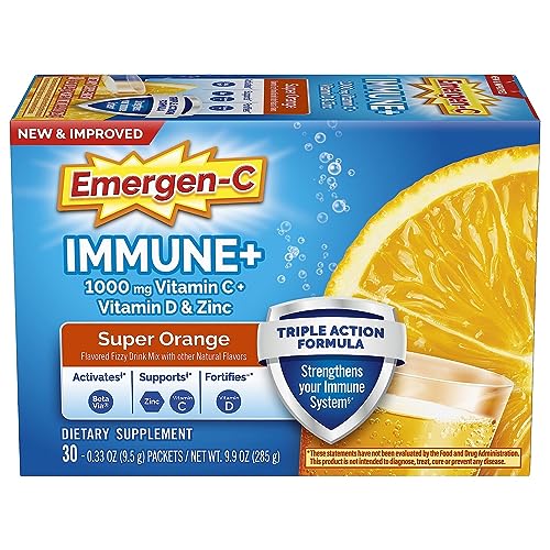 Emergen-C Immune+ Triple Action Immune Support Powder, BetaVia (R), 1000mg Vitamin C, B Vitamins, Vitamin D and Antioxidants, Super Orange – 30 Count (Pack of 1)