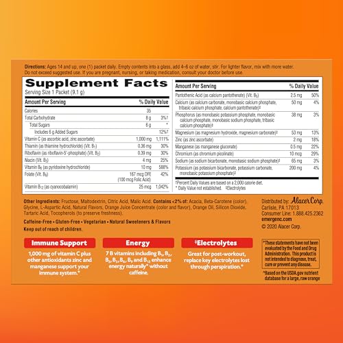 Emergen-C 1000mg Vitamin C Powder, with Antioxidants, B Vitamins and Electrolytes, Vitamin C Supplements for Immune Support, Caffeine Free Drink Mix, Raspberry Flavor - 30 Count(Pack of 2)