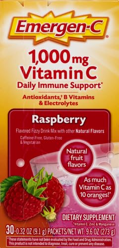 Emergen-C 1000mg Vitamin C Powder, With Antioxidants, B Vitamins And Electrolytes, Immunity Supplements For Immune Support, Caffeine Free Fizzy Drink Mix, Raspberry Flavor - 30 Count/1 Month Supply