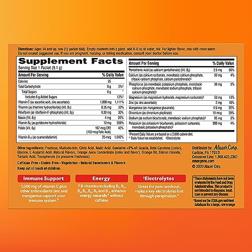 Emergen-C 1000mg Vitamin C Powder for Daily Immune Support Caffeine Free Vitamin C Supplements with Zinc and Manganese, B Vitamins and Electrolytes, Super Orange Flavor -60 Count(Pack of 1)