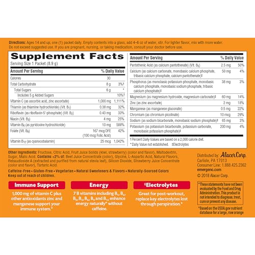 Emergen-C 1000mg Vitamin C Powder, with Antioxidants, B Vitamins and Electrolytes, Vitamin C Supplements for Immune Support, Caffeine Free Fizzy Drink Mix, Strawberry Kiwi Flavor - 30 Count