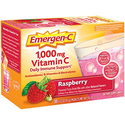 Emergen-C 1000mg Vitamin C Powder, With Antioxidants, B Vitamins And Electrolytes, Immunity Supplements For Immune Support, Caffeine Free Fizzy Drink Mix, Raspberry Flavor - 30 Count/1 Month Supply