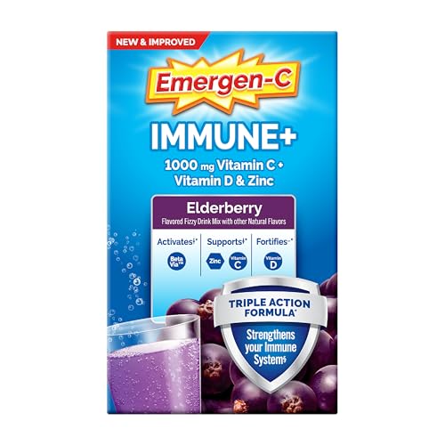 Emergen-C Immune+ Vitamin C 1000mg (18 Count, Elderberry) Dietary Supplement Fizzy Drink Mix Powder Packets