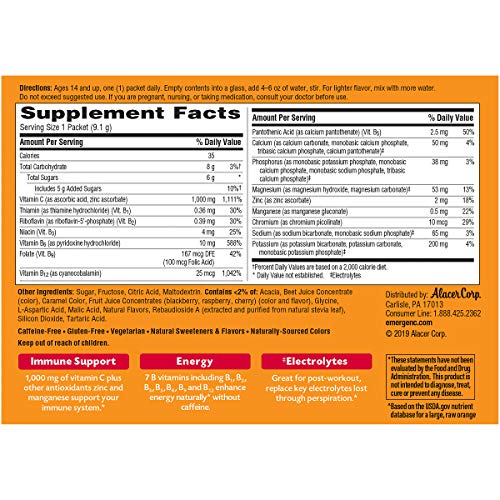 Emergen-C (30 Count, Raspberry Flavor, 1 Month Supply) Dietary Supplement Fizzy Drink Mix with 1000mg Vitamin C, 0.32 Ounce Packets, Caffeine Free