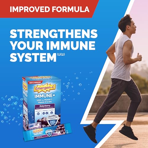 Emergen-C Immune+ Vitamin C 1000mg (18 Count, Elderberry) Dietary Supplement Fizzy Drink Mix Powder Packets