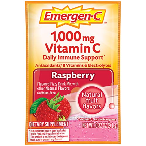 Emergen-C (30 Count, Raspberry Flavor, 1 Month Supply) Dietary Supplement Fizzy Drink Mix with 1000mg Vitamin C, 0.32 Ounce Packets, Caffeine Free
