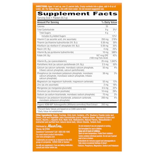 Emergen-C Vitamin C Ashwagandha Drink Mix, Dietary Supplement for Immune Support, Berry Blend - 18 Count