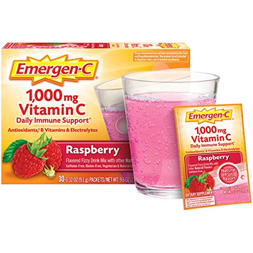 Emergen-C (30 Count, Raspberry Flavor, 1 Month Supply) Dietary Supplement Fizzy Drink Mix with 1000mg Vitamin C, 0.32 Ounce Packets, Caffeine Free