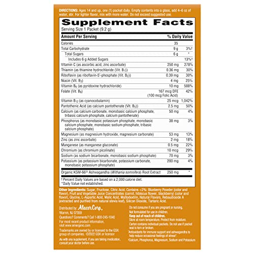 Emergen-C Vitamin C Ashwagandha Drink Mix, Dietary Supplement for Immune Support, Berry Blend - 18 Count