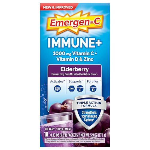 Emergen-C Immune+ Vitamin C 1000mg (18 Count, Elderberry) Dietary Supplement Fizzy Drink Mix Powder Packets
