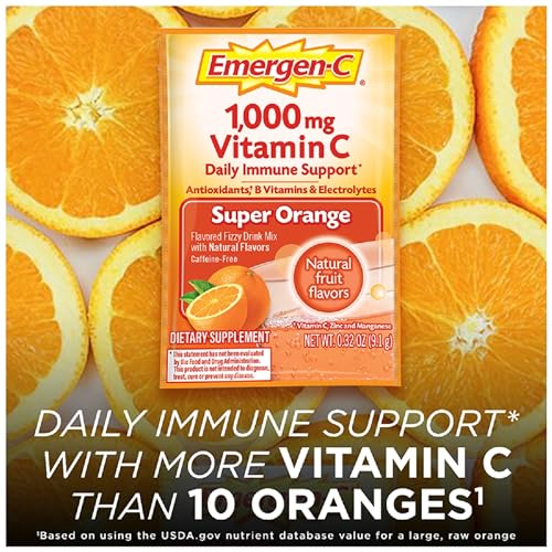 Emergen-C 1000mg Vitamin C Powder for Daily Immune Support Caffeine Free Vitamin C Supplements with Zinc and Manganese, B Vitamins and Electrolytes, Super Orange Flavor - 10 Count