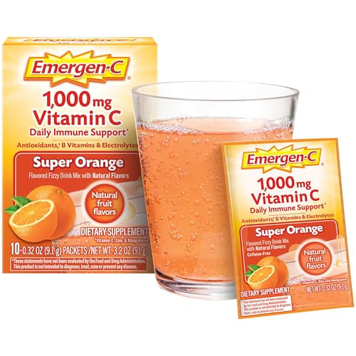 Emergen-C 1000mg Vitamin C Powder for Daily Immune Support Caffeine Free Vitamin C Supplements with Zinc and Manganese, B Vitamins and Electrolytes, Super Orange Flavor - 10 Count