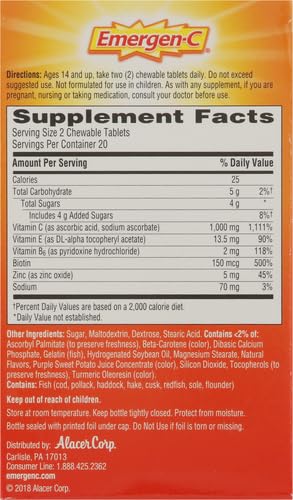 Emergen-C Chewable Vitamin C 1000mg, With B Vitamins And Antioxidants Tablet (40 Count, Orange Blast Flavor), Dietary Supplement