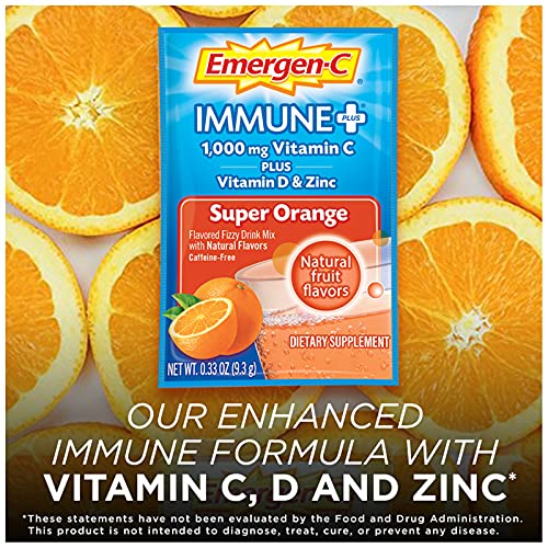 Emergen-C Immune+ 1000mg Vitamin C Powder, with Vitamin D, Zinc, Antioxidants and Electrolytes for Immunity, Immune Support Dietary Supplement, Super Orange Flavor - 30 Count/1 Month Supply