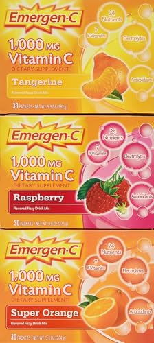 Emergen-C 1,000 mg Vitamin C Dietary Supplement Drink Mix, Super Orange/Raspberry/Tropical, 90 Packets, Net Wt. 28.5 oz.