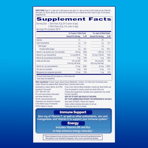 Emergen-C Immune Plus Crystals, On-The-Go Immune Support Supplement with Vitamin C, Vitamin D, B Vitamins, Zinc and Manganese, Berry Lemonade - 28 Stick Packs