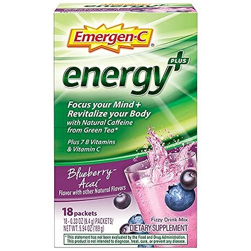 Emergen-C Energy+, With B Vitamins, Vitamin C And Natural Caffeine From Green Tea(Blueberry Acai Flavor) Dietary Supplement Drink Mix, 0.33 Ounce Powder Packets(Pack of 18)