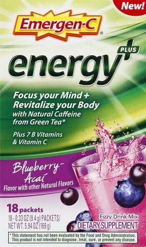 Emergen-C Energy+, With B Vitamins, Vitamin C And Natural Caffeine From Green Tea(Blueberry Acai Flavor) Dietary Supplement Drink Mix, 0.33 Ounce Powder Packets(Pack of 18)