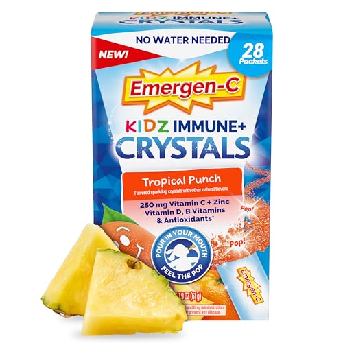 Emergen-C Kidz Immune Plus Crystals, On-The-Go Immune Support Supplement with Vitamin C, Vitamin D, B Vitamins, Zinc and Manganese, Tropical Punch - 28 Stick Packs