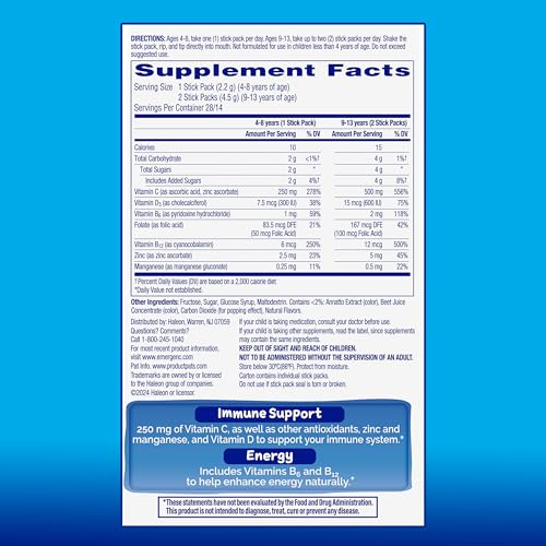 Emergen-C Kidz Immune Plus Crystals, On-The-Go Immune Support Supplement with Vitamin C, Vitamin D, B Vitamins, Zinc and Manganese, Tropical Punch - 28 Stick Packs