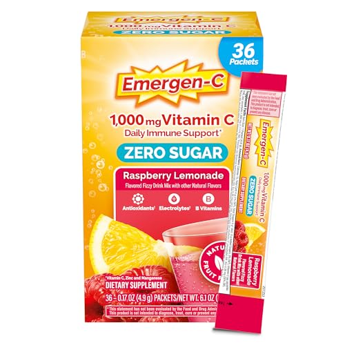 Emergen-C Zero Sugar 1000 mg Vitamin C Powder for Daily Immune Support Caffeine Free Vitamin C Supplements with Zinc and Manganese, B Vitamins and Electrolytes, Raspberry Lemonade Flavor - 36 Count
