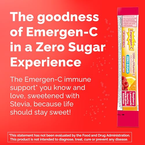 Emergen-C Zero Sugar 1000 mg Vitamin C Powder for Daily Immune Support Caffeine Free Vitamin C Supplements with Zinc and Manganese, B Vitamins and Electrolytes, Raspberry Lemonade Flavor - 36 Count