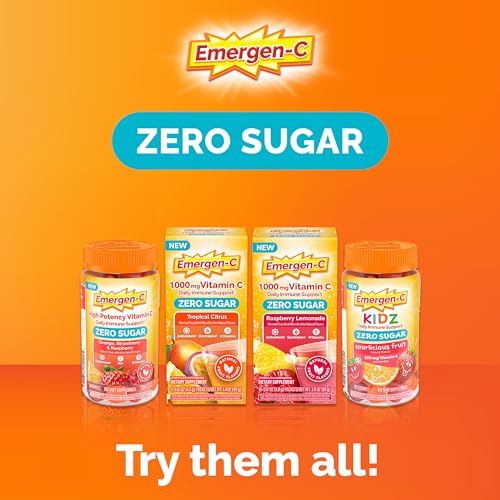 Emergen-C Zero Sugar 1000 mg Vitamin C Powder for Daily Immune Support Caffeine Free Vitamin C Supplements with Zinc and Manganese, B Vitamins and Electrolytes, Raspberry Lemonade Flavor - 36 Count
