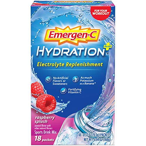 Emergen-C Hydration+ Sports Drink Mix With Vitamin C (18 Count, Raspberry Flavor), Electrolyte Replenishment, 0.33 Ounce Powder Packets