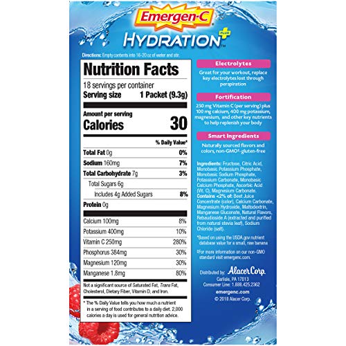 Emergen-C Hydration+ Sports Drink Mix With Vitamin C (18 Count, Raspberry Flavor), Electrolyte Replenishment, 0.33 Ounce Powder Packets