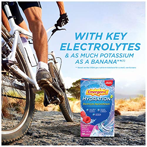 Emergen-C Hydration+ Sports Drink Mix With Vitamin C (18 Count, Raspberry Flavor), Electrolyte Replenishment, 0.33 Ounce Powder Packets