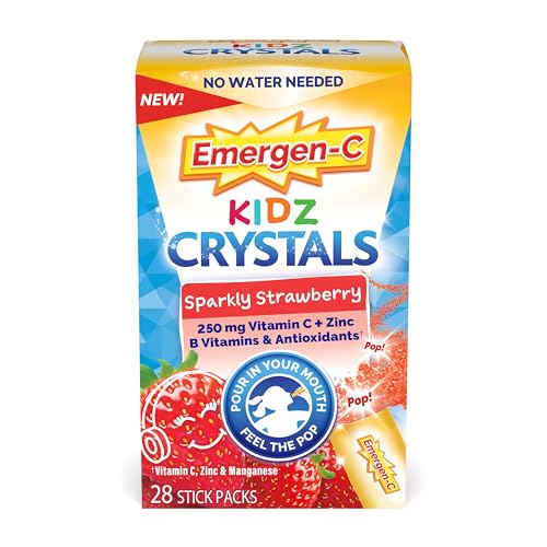 Emergen-C Kidz Crystals, On-The-Go Immune Support Supplement with Vitamin C, B Vitamins, Zinc and Manganese, Sparkly Strawberry - 28 Stick Packs