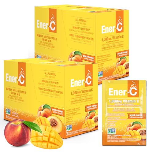 Ener-C Peach Mango Multivitamin Drink Mix Powder Vitamin C 1000mg & Electrolytes with Real Fruit Juice Natural Energy & Immune Support for Women & Men - Non-GMO Vegan & Gluten Free - 60 Count
