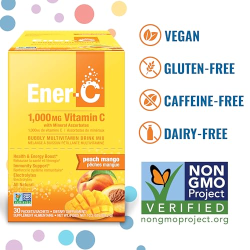 Ener-C Peach Mango Multivitamin Drink Mix Powder Vitamin C 1000mg & Electrolytes with Real Fruit Juice Natural Energy & Immune Support for Women & Men - Non-GMO Vegan & Gluten Free - 60 Count