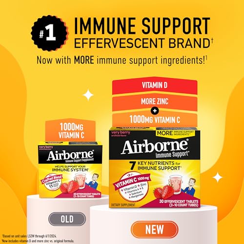 Airborne 1000mg Vitamin C with Zinc, SUGAR FREE Effervescent Tablets, Immune Support Supplement with Powerful Antioxidants Vitamins A C & E - 30 Fizzy Drink Tablets, Very Berry Flavor