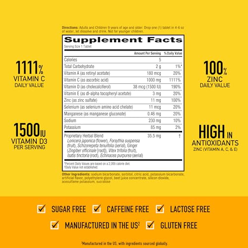 Airborne 1000mg Vitamin C with Zinc, SUGAR FREE Effervescent Tablets, Immune Support Supplement with Powerful Antioxidants Vitamins A C & E - 30 Fizzy Drink Tablets, Very Berry Flavor