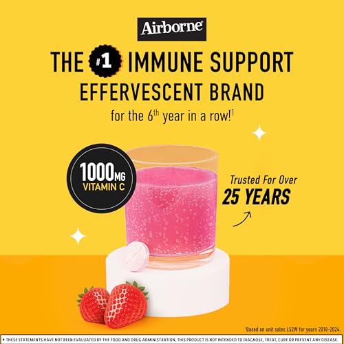 Airborne 1000mg Vitamin C with Zinc, SUGAR FREE Effervescent Tablets, Immune Support Supplement with Powerful Antioxidants Vitamins A C & E - 30 Fizzy Drink Tablets, Very Berry Flavor