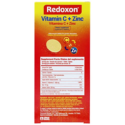 Redoxon Vitamin C + Zinc, Effervescent Tablets of Vitamin C and Zinc, Helps Support Your Immune System, Orange Flavor, 20 Effervescent Tablets, 2.82 Oz, Box