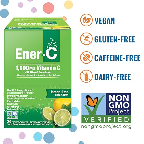 Ener-C Lemon Lime Multivitamin Drink Mix Powder Vitamin C 1000mg & Electrolytes with Real Fruit Juice Natural Energy & Immune Support for Women & Men - Non-GMO Vegan & Gluten Free - 30 Count
