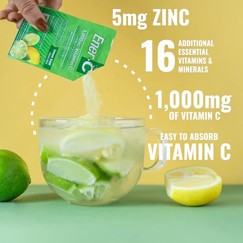 Ener-C Lemon Lime Multivitamin Drink Mix Powder Vitamin C 1000mg & Electrolytes with Real Fruit Juice Natural Energy & Immune Support for Women & Men - Non-GMO Vegan & Gluten Free - 30 Count
