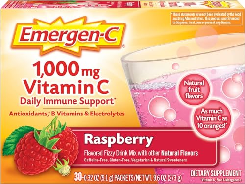 Emergen-C 1000mg Vitamin C Powder, with Antioxidants, B Vitamins and Electrolytes, Immunity Supplements for Immune Support, Caffeine Free Fizzy Drink Mix, Raspberry Flavor, 0.32 Ounce (Pack of 30)