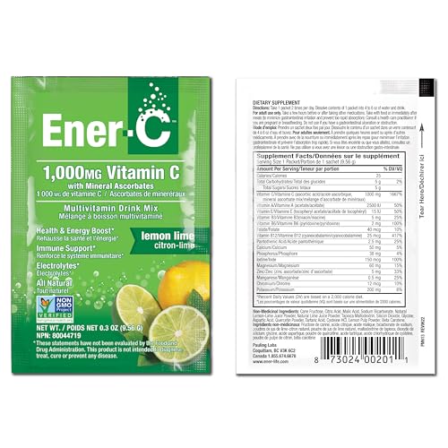 Ener-C Lemon Lime Multivitamin Drink Mix Powder Vitamin C 1000mg & Electrolytes with Real Fruit Juice Natural Energy & Immune Support for Women & Men - Non-GMO Vegan & Gluten Free - 30 Count