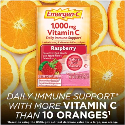 Emergen-C 1000mg Vitamin C Powder, with Antioxidants, B Vitamins and Electrolytes, Immunity Supplements for Immune Support, Caffeine Free Fizzy Drink Mix, Raspberry Flavor, 0.32 Ounce (Pack of 30)