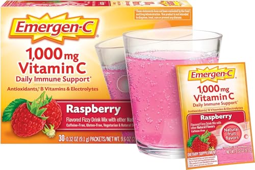 Emergen-C 1000mg Vitamin C Powder, with Antioxidants, B Vitamins and Electrolytes, Immunity Supplements for Immune Support, Caffeine Free Fizzy Drink Mix, Raspberry Flavor, 0.32 Ounce (Pack of 30)
