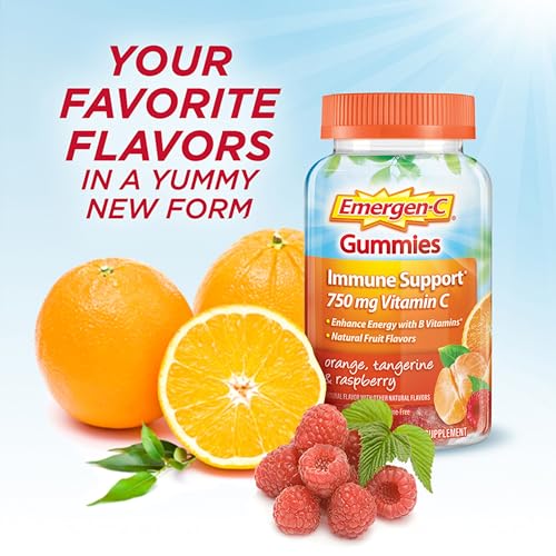 Emergen-C 750mg Vitamin C Gummies for Adults, Immunity Gummies with B Vitamins, Gluten Free, Orange, Tangerine and Raspberry Flavors - 45 Count