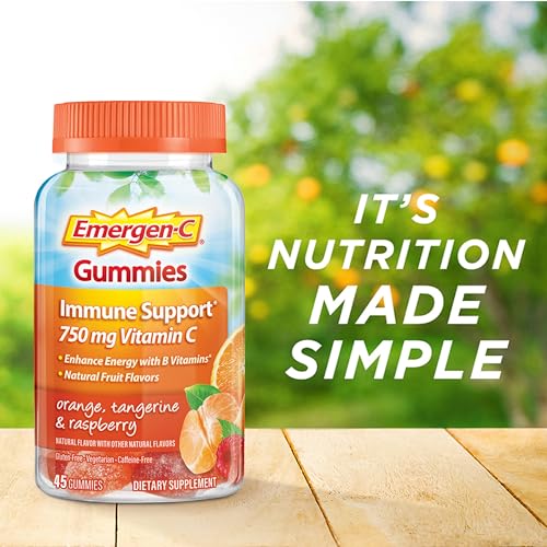 Emergen-C 750mg Vitamin C Gummies for Adults, Immunity Gummies with B Vitamins, Gluten Free, Orange, Tangerine and Raspberry Flavors - 45 Count
