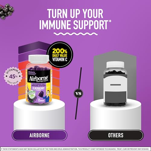 Airborne Elderberry + Zinc & Vitamin C Gummies For Adults, Immune Support Vitamin D & Zinc Gummies With Powerful Antioxidant Vitamins C D & E - 50 Gummies, Elderberry Flavor