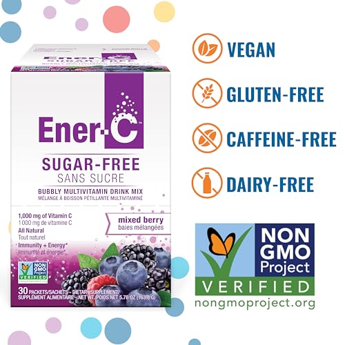 Ener-C Sugar Free Energy Mixed Berry Multivitamin Drink Mix Vitamin C 1000mg & Electrolytes - Natural Immunity Support with Real Fruit Juice Powders Non-GMO Vegan & Gluten Free - 30 Count