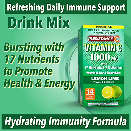 Resistance C Stick Packs 16 Nutrients & 7 B-Vitamins, Help Support Immune System, Powerful Antioxidants, Contains Electrolytes, Green, Lemon-Lime Flavor, 14 Count